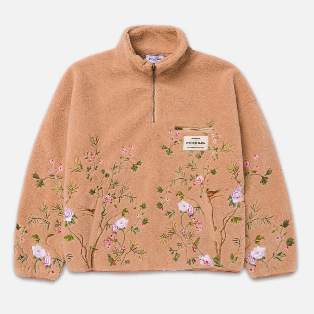 Ryoko Rain Men’s Camel Floral Embroidered Half-Zip Fleece